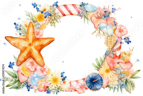 Set of watercolor summer wreath on white background. Ai generative.