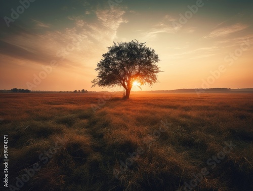 A single tree standing tall in a vast, open field at sunset