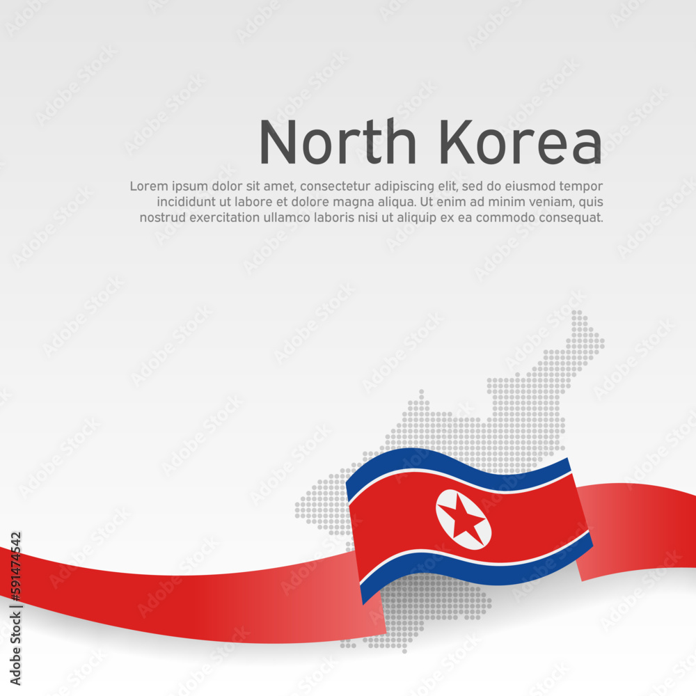 Fototapeta premium North korea flag, map on white background. Vector brochure design. Democratic People Republic of Korea flag. DPRK. Wavy ribbon with north korean banner. National poster, cover. Patriotic banner, flyer