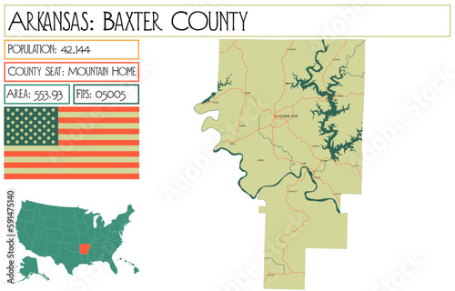 Large and detailed map of Baxter County in Arkansas, USA.