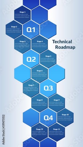 Vertical roadmap with honeycombs on light background. Timeline infographic template for business presentation. Vector.