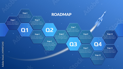 Horizontal roadmap with honeycombs and space rocket on blue starry background. Timeline infographic template for business presentation. Vector.