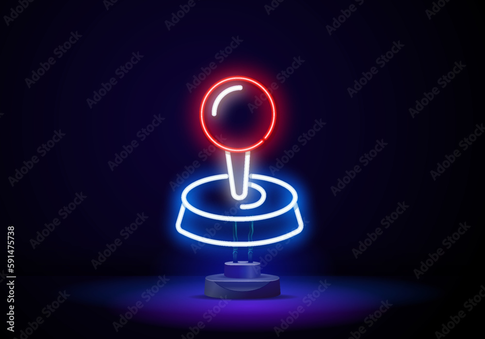 Retro game neon sign. Video games night light symbol, glowing gamer