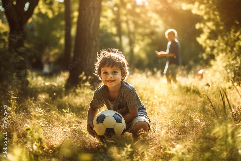 A happy small child playing with a ball in a sunny meadow. Created with Generative AI technology. A happy small child playing with a ball in a sunny meadow. Created with Generative AI technology.
