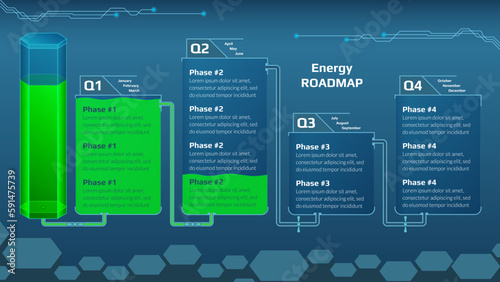 Horizontal roadmap for game project with energy tank and quarters connected by pipes with taps on blue background. Timeline infographic template for business presentation. Vector.