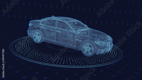 Concept with blue car interface hologram on dark background. Transport, engineering, future and technology concept. Double exposure 3d rendering.