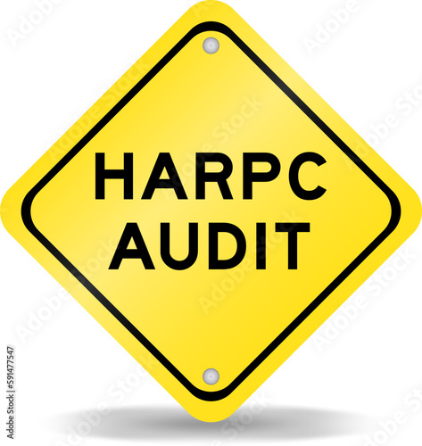 Yellow color transportation sign with word HARPC (Hazard analysis and risk-based preventive controls) audit on white background