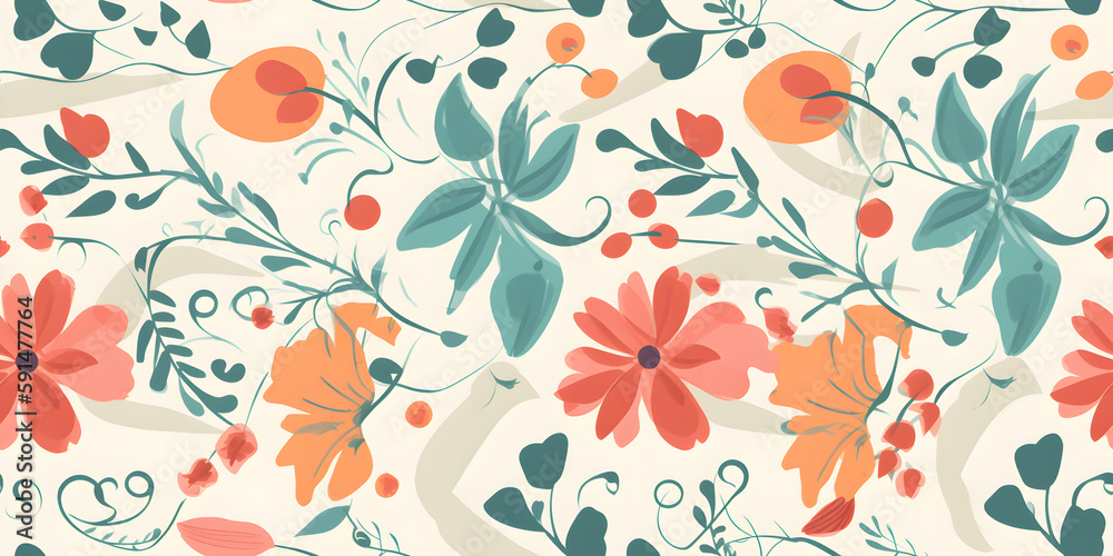 Floral pattern. Seamless pattern with decorative flowers and plants. AI