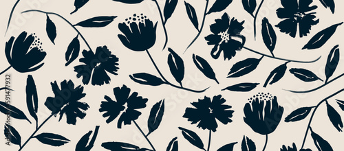 flowers hand drawn seamless pattern. ink brush texture.
