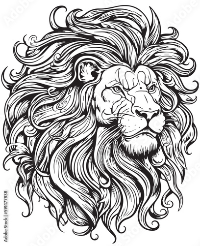 Hand drawn vector coloring page of majestic lion with his flying mane. Coloring page for kids and adults. Print design, t-shirt design, tattoo design, mural art.