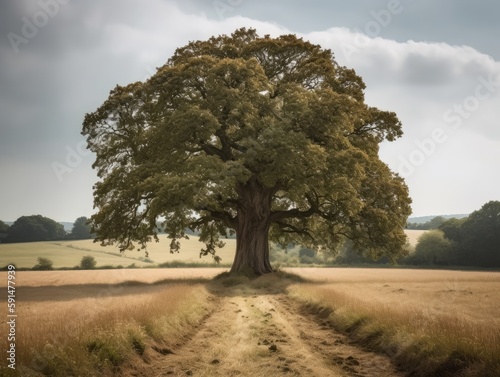 A single oak tree standing strong and proud in a field