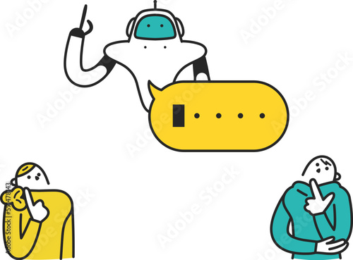 人工知能ロボットとそれについて考える人々　セット　イラスト素材
