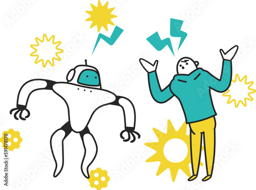 AI人工知能ロボットといがみ合る男性　イラスト
