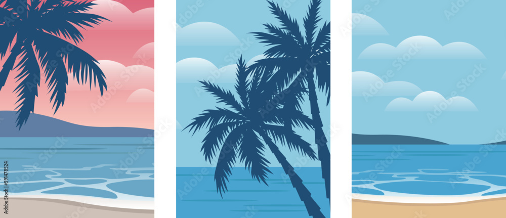 Summer banners, tropical backgrounds set with palms, sea, clouds, sky, beach. Beautiful summer time cards, posters, flyers, party invitations. Summertime vector template collection.