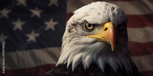 American bald eagle on the background of the flag of the United States. Patriotic illustration of USA symbol. generated by ai
