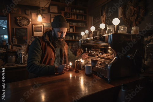 A coffee shop owner operating a vintage espresso machine. Generative ai