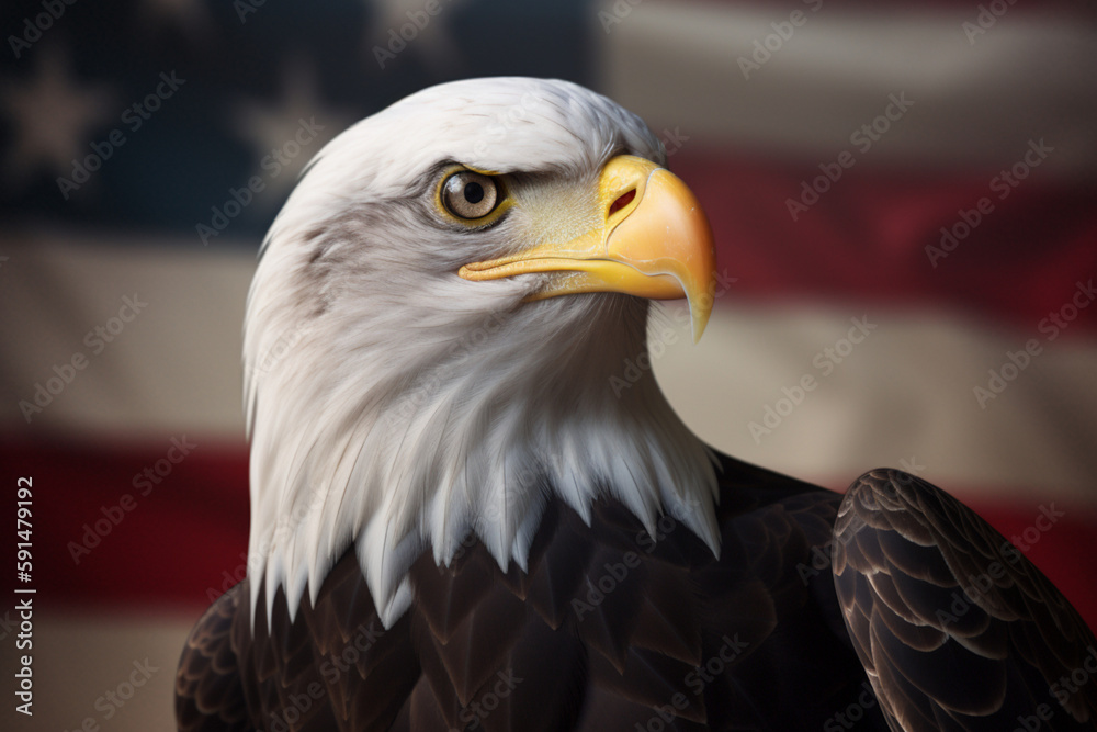 Obraz premium American bald eagle on the background of the flag of the United States. Patriotic illustration of USA symbol. generated by ai