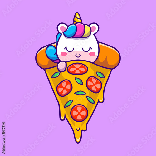 Cute Unicorn Sleeping On Pizza Cartoon Vector Icon Illustration. Animal Food Icon Concept Isolated Premium Vector. Flat Cartoon Style