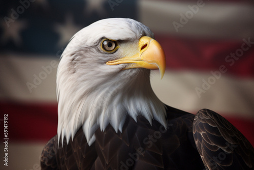 American bald eagle on the background of the flag of the United States. Patriotic illustration of USA symbol. generated by ai