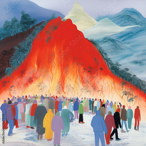 people standing by the volcano