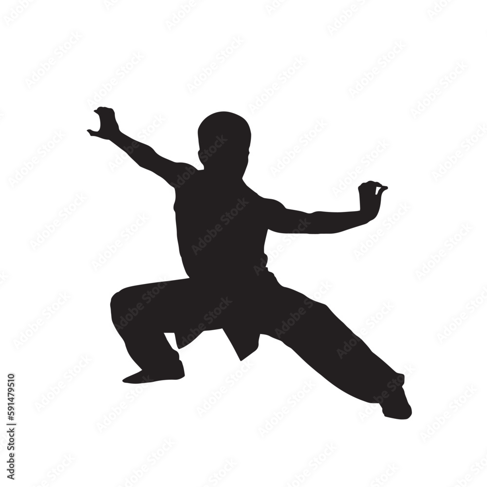 Silhouette of a man showing martial wushu, kung fu exercise. Vector illustration. Wushu icon