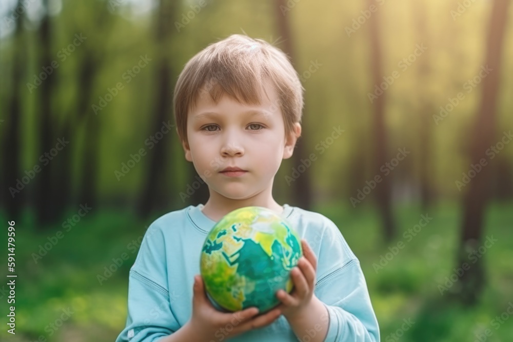 A young boy holding a green globe, symbolizing environmental awareness and responsibility created with Generative AI technology A young boy holding a green globe, symbolizing environmental awareness and responsibility created with Generative AI technology