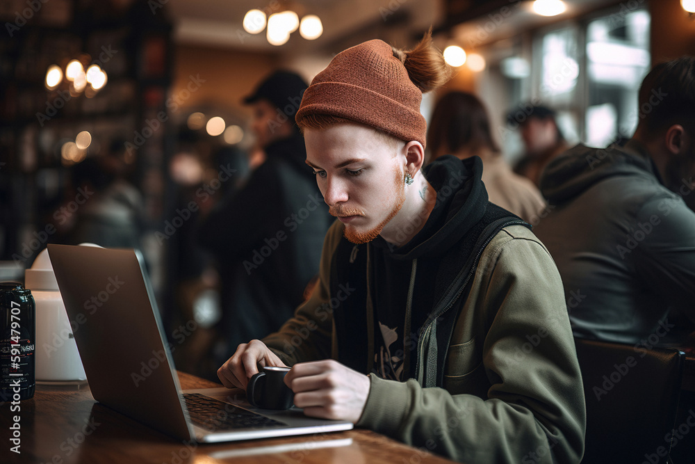 Young man enjoying a cup of coffee in a coffee shop, while working on his laptop. Generative ai Young man enjoying a cup of coffee in a coffee shop, while working on his laptop. Generative ai