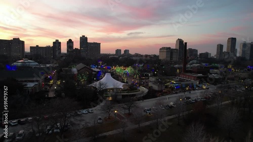 Sunset lakeshore moment during wintertime Chicago. Iconic city of chicago skyline. photo