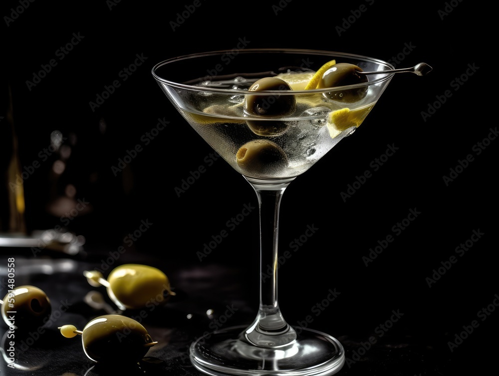 Classic Martini with olives on black background. Generative AI
