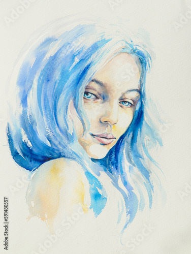 Fototapeta Naklejka Na Ścianę i Meble -   Slightly smiling girl looks at the viewer. She has blue eyes and hair.Picture created with watercolors.