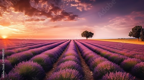 Stunning landscape with lavender field at sunset. Generative Ai