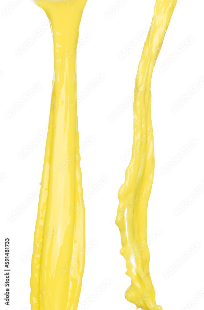 Fototapeta premium Banana juice flying fall down, yellow banana chopped slice juice wave explode. Yellow paint color splash throwing in Air. White background Isolated high speed shutter, throwing freeze stop motion