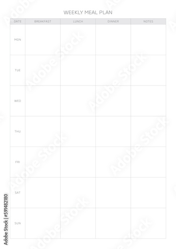A weekly meal plan design template in a modern, simple, and minimalist style. Note, scheduler, diary, calendar, planner document template illustration.