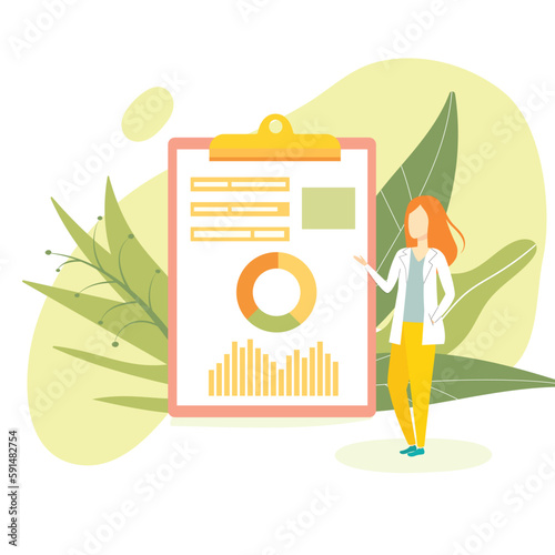 Vector illustration young woman nutritionist pointing at clipboard with diet plan. Healthy balanced diet vitamins minerals nutrition gut health concept