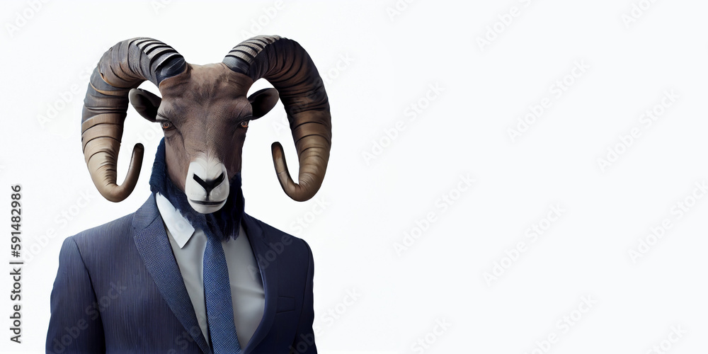 A man with a ram's head and in an office suit, on an isolated gray background. Generative AI