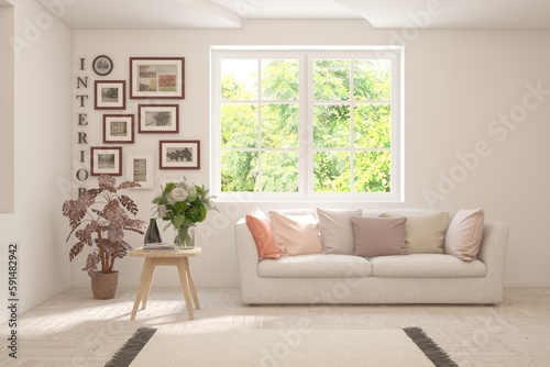 Modern interior concept with sofa and summer landscape in window. 3D illustration