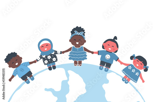 Kids stand on the globe. Multicultural group of children holding hands. Happy baby girls and baby boys. Vector illustration