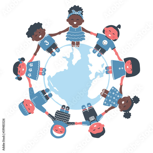 Kids around the globe. Multicultural group of children holding hands. Happy baby girls and baby boys stand in a circle of the planet Earth. Vector illustration