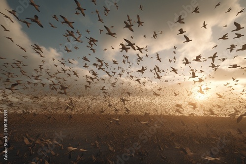 A detailed illustration of a flock of birds in flight, Generative AI