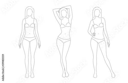 Woman body. Vector full-length girl standing portrait. Set of body-positive female. Different posing figures. Fashion silhouette outline line illustration © mozart3737