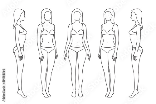 Woman body. Full-length standing portrait. Set of body-positive female. Five angles figure front, 3 of 4, side views shape. Vector fashion silhouette outline line illustration