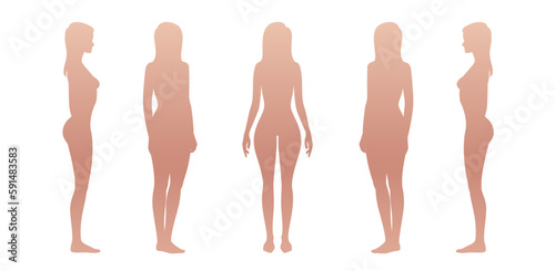 Woman body. Full-length standing portrait. Set of body-positive female. Five angles figure front, 3 of 4, side views shape. Vector fashion silhouette outline line illustration