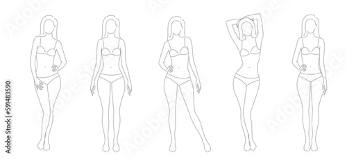 Woman body. Vector full-length girl standing portrait. Set of body-positive female. Different posing figures. Fashion silhouette outline line illustration