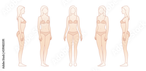 Woman body. Full-length standing portrait. Set of body-positive female. Five angles figure front, 3 of 4, side views shape. Vector fashion silhouette outline line illustration