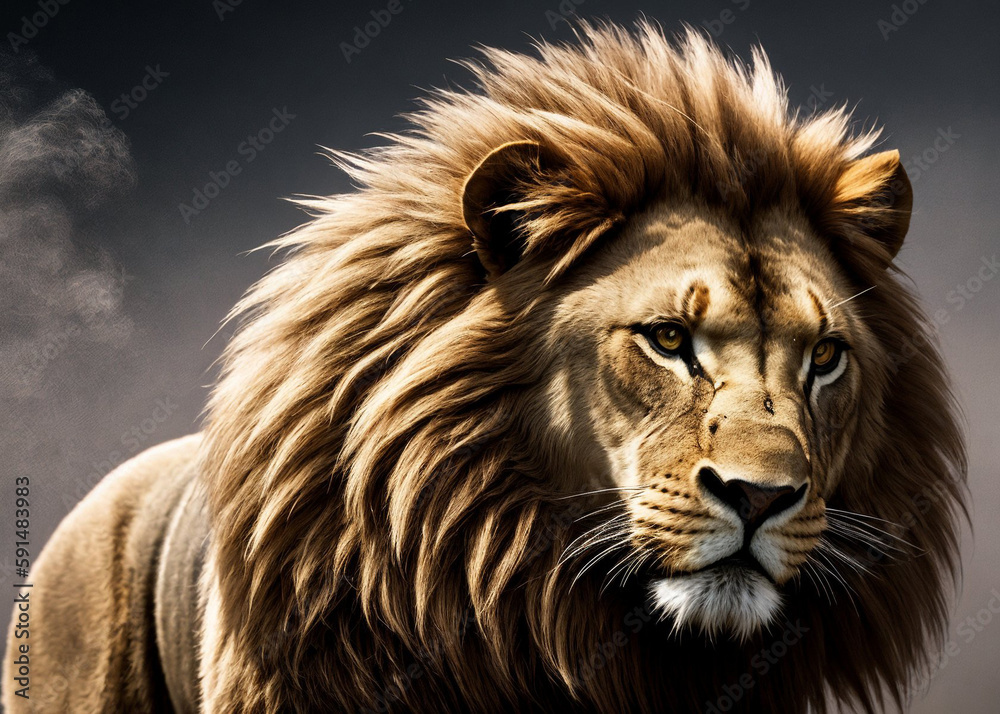 Naklejka premium Powerful lion in the burning smoky savannah, in ruins. Generated by neural model