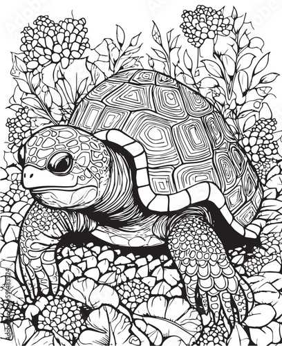 Hand drawn vector coloring page of tortoise in the wild. Coloring page for kids and adults. Print design, t-shirt design, tattoo design, mural art.