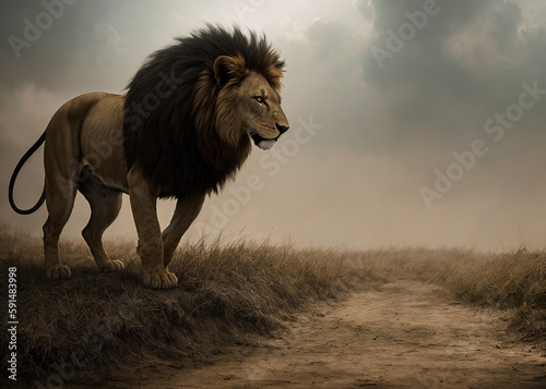 Powerful lion in the burning smoky savannah  in ruins. Generated by neural model