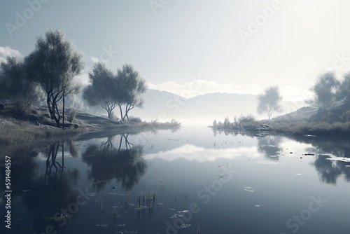 A minimalist landscape with a peaceful pond or lake, Generative AI