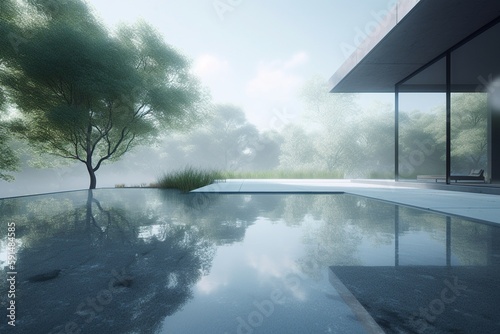 A minimalist landscape with a peaceful pond or lake, Generative AI © Jos