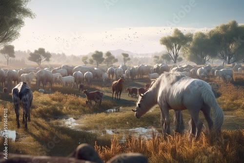 A detailed illustration of a herd of grazing animals, Generative AI